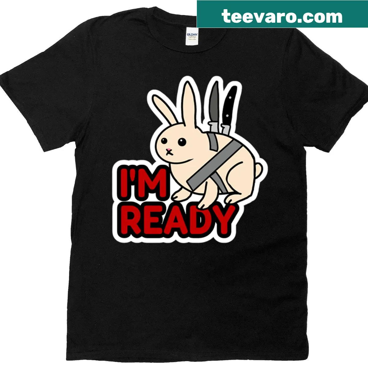 Cartoon bunny with knives T-shirt design — on a men's t-shirt
