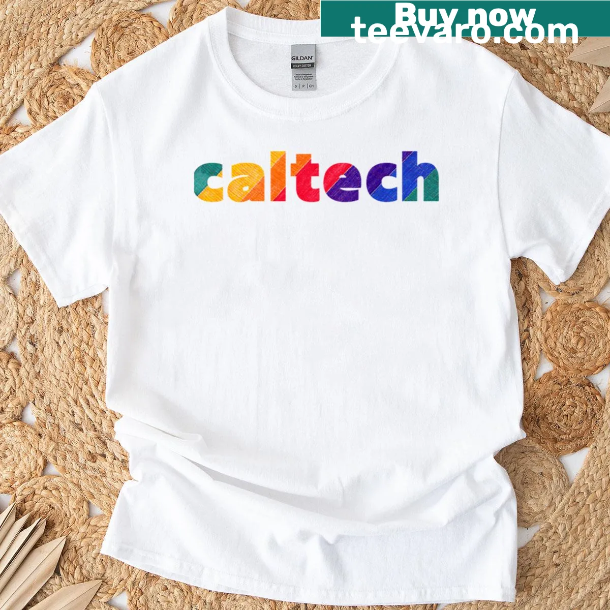 Caltech logo oversized T-shirt with geometric art design — on a men's t-shirt