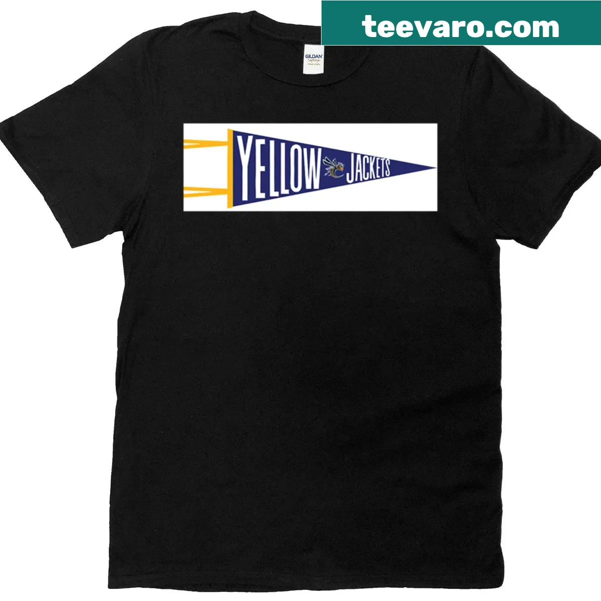 Cedarville University Yellow Jackets emblem on oversized t-shirt — on a men's t-shirt