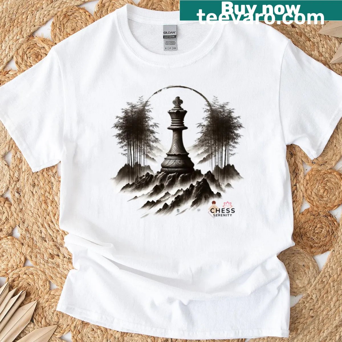 Line-art design combining chess and mountains — on a men's t-shirt
