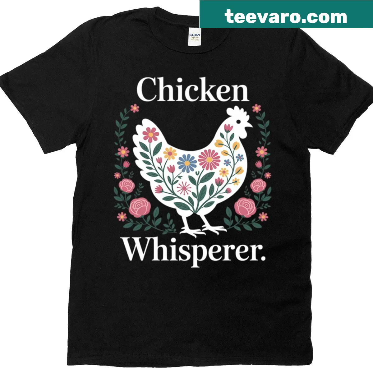 Whimsical 'Chicken Whisperer' t-shirt with a playful chicken graphic. — on a men's t-shirt