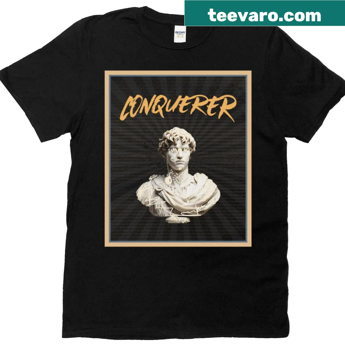 Bold typographic design on Conquerer T-shirt with empowering message — on a men's t-shirt