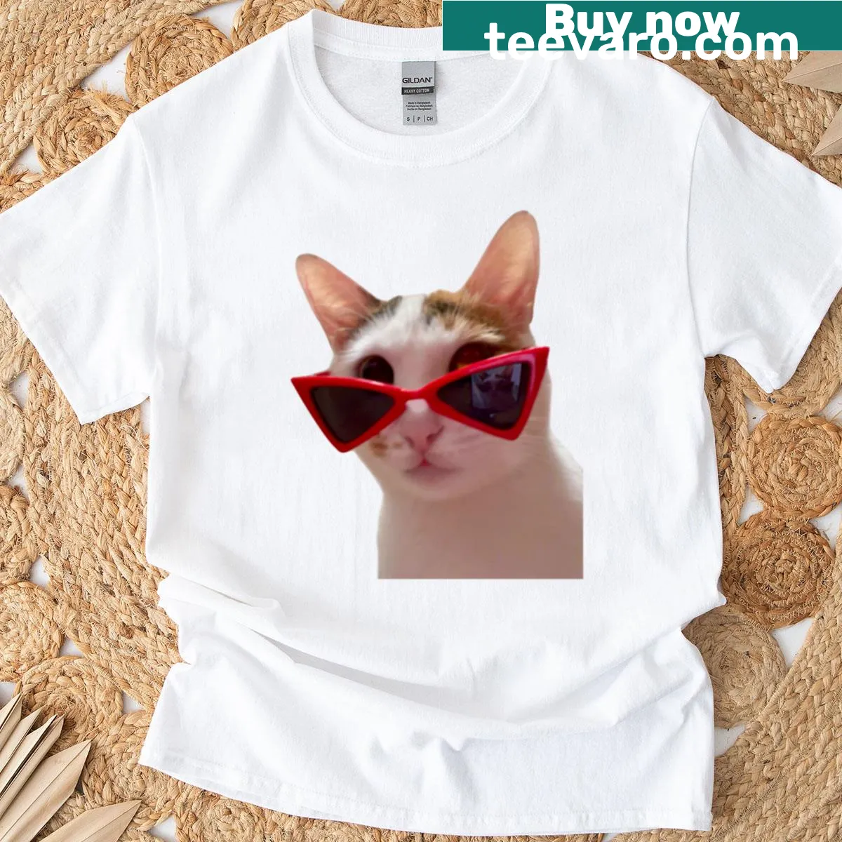 Adorable cartoon cat in red shades T-shirt for cat lovers. — on a men's t-shirt