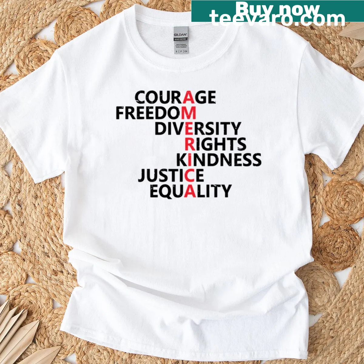 T-shirt featuring powerful words on courage, freedom, and justice. — on a men's t-shirt