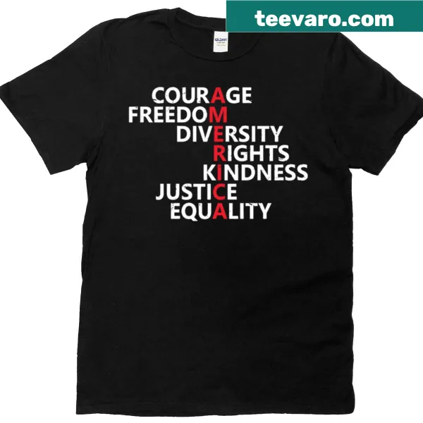 Inspirational typography T-shirt featuring core values of courage and equality