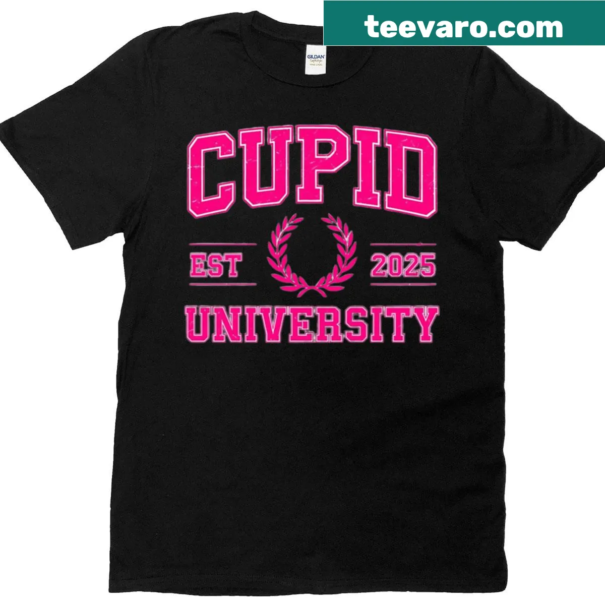 Collegiate Cupid Est 2025 graphic T-shirt — on a men's t-shirt