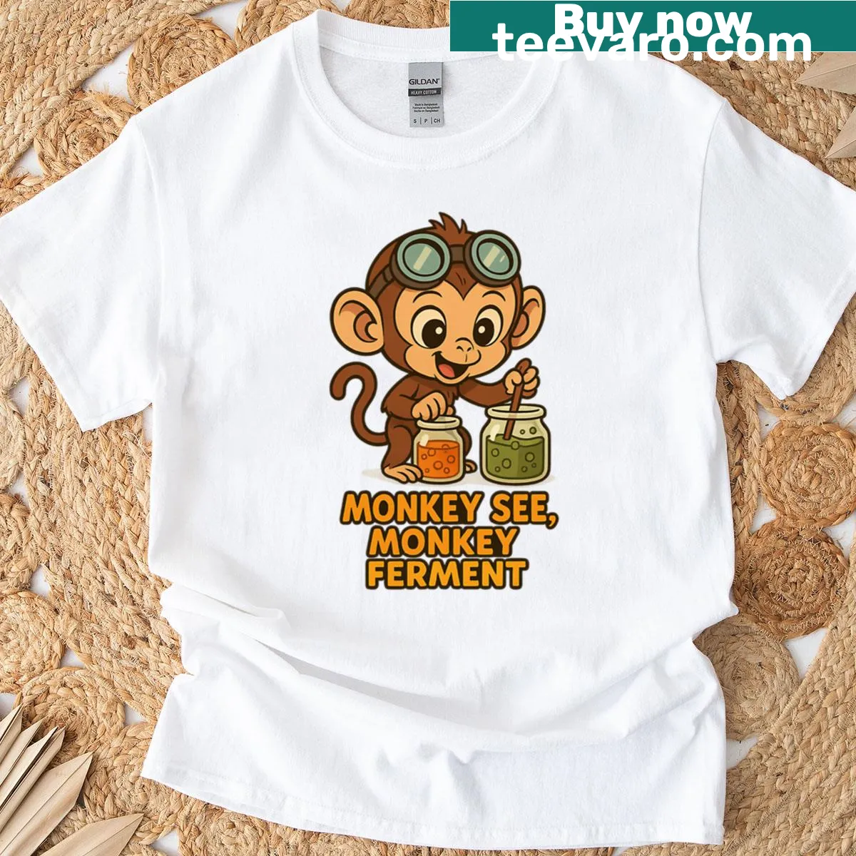 Cute monkey cartoon t-shirt with fermentation jar design — on a men's t-shirt