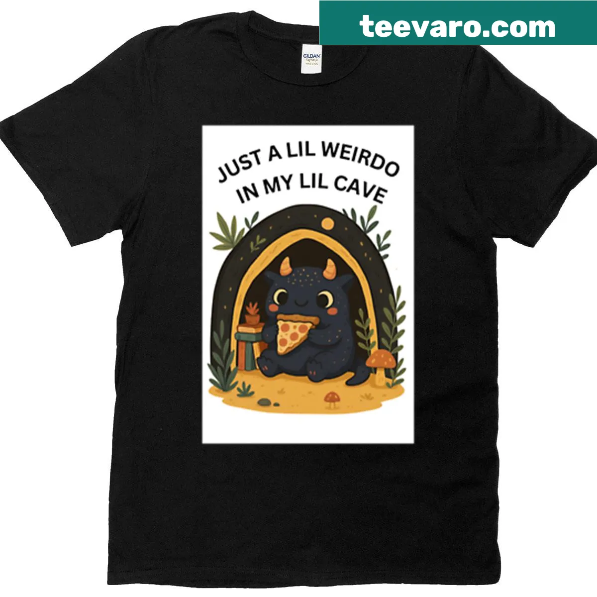 Illustration of a cute cave monster with text 'Just A Lil Weirdo' — on a men's t-shirt