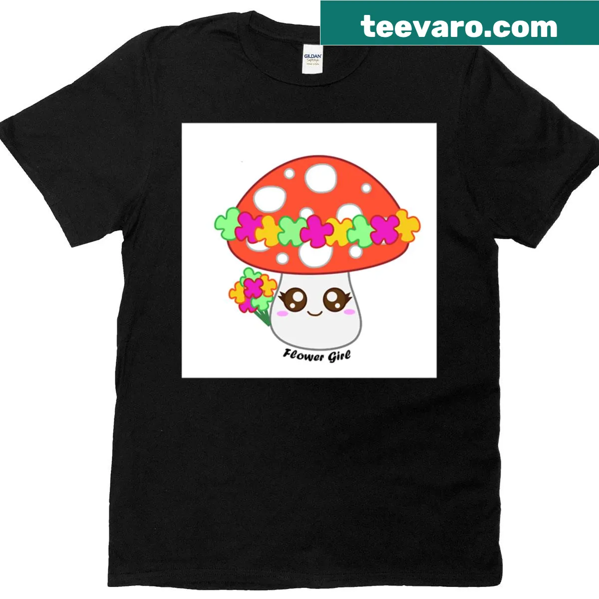 Adorable flower girl and mushroom graphic t-shirt for kids — on a men's t-shirt