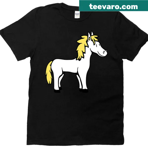 Comic drawing of a horse with a child rider on a T-shirt