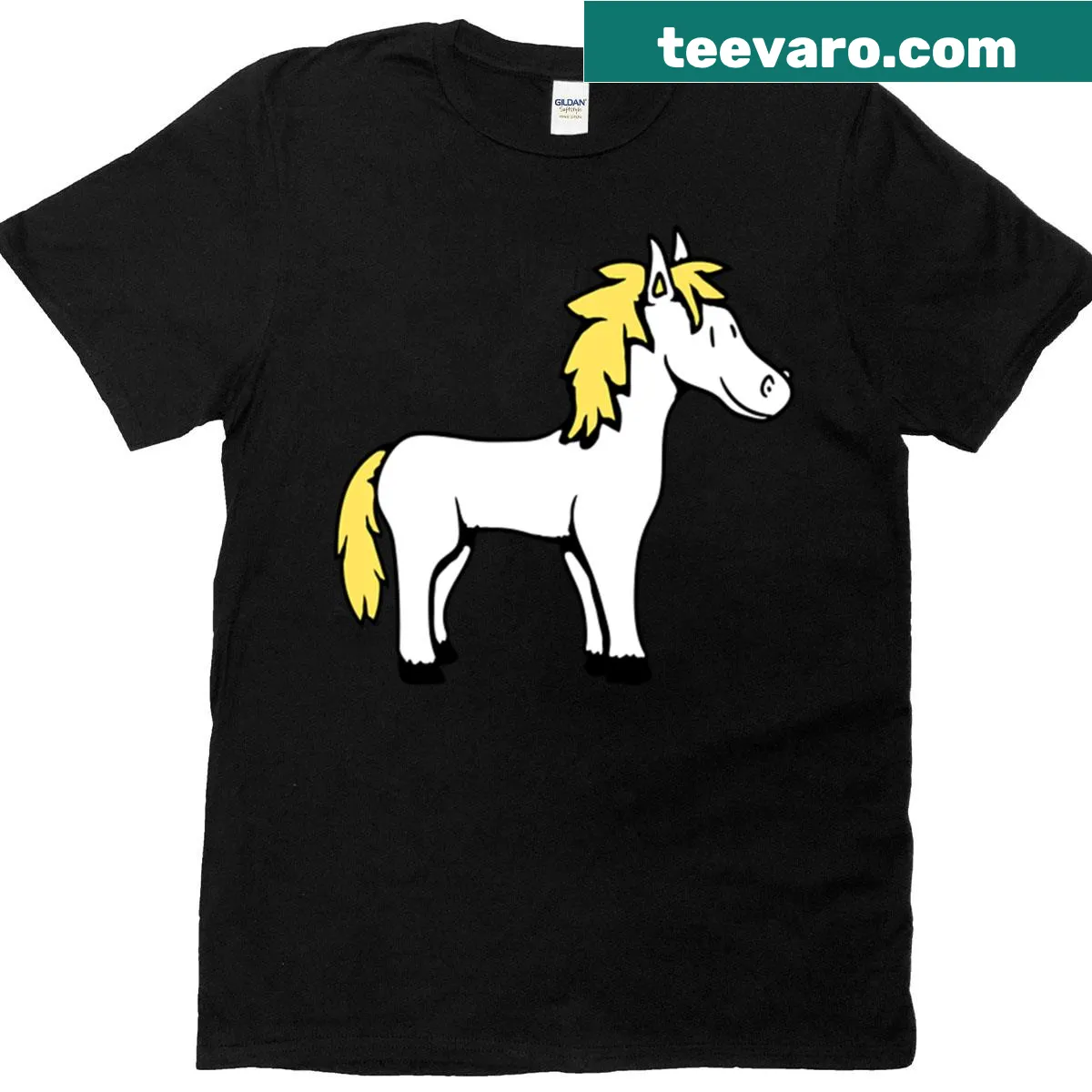 Comic drawing of a horse with a child rider on a T-shirt — on a men's t-shirt