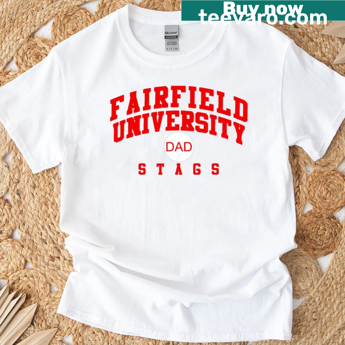 Curved font t-shirt displaying Fairfield University Stags design — on a men's t-shirt