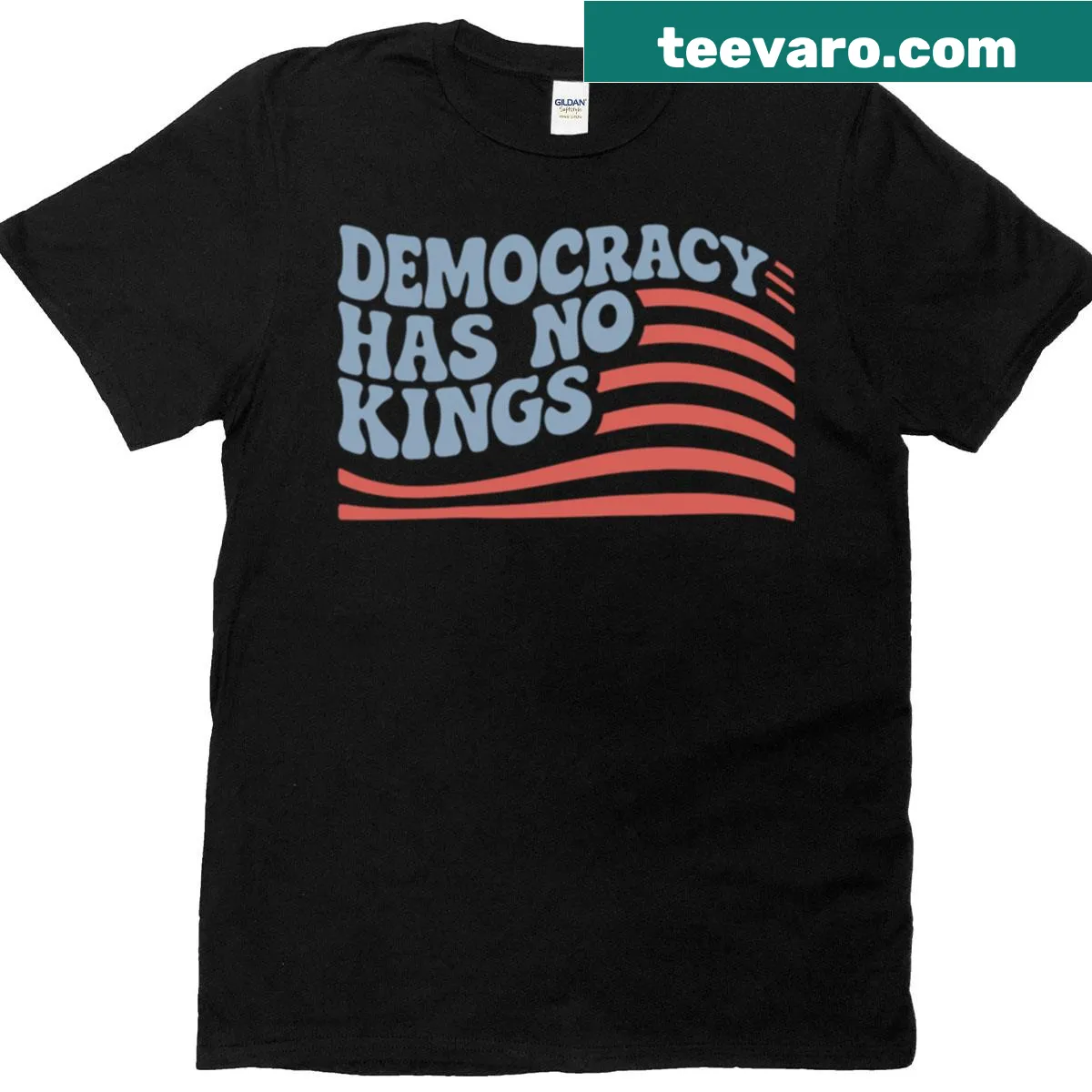 Bold anti-Trump t-shirt with 'Democracy Has No Kings' text — on a men's t-shirt