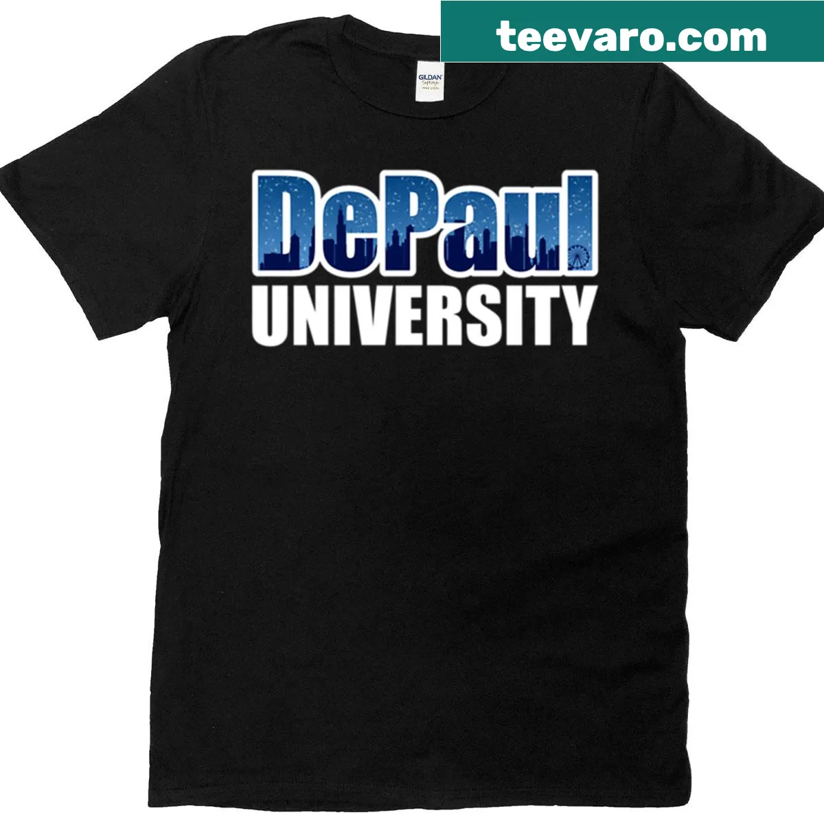 Stylized Chicago skyline graphic on Depaul University T-shirt — on a men's t-shirt