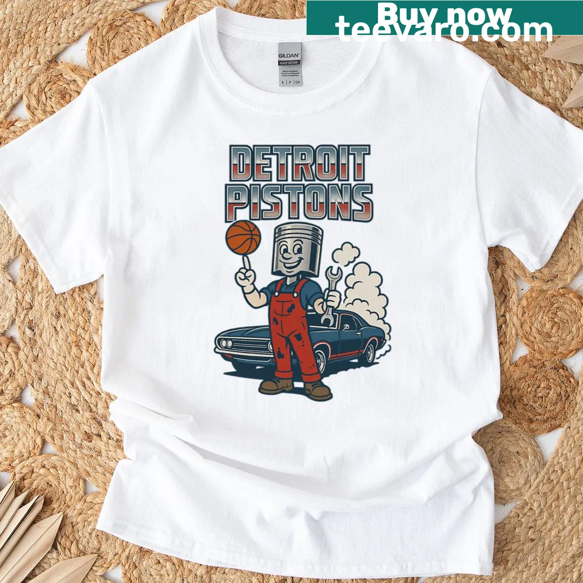 Vintage-style Detroit Pistons mascot design on a t-shirt — on a men's t-shirt