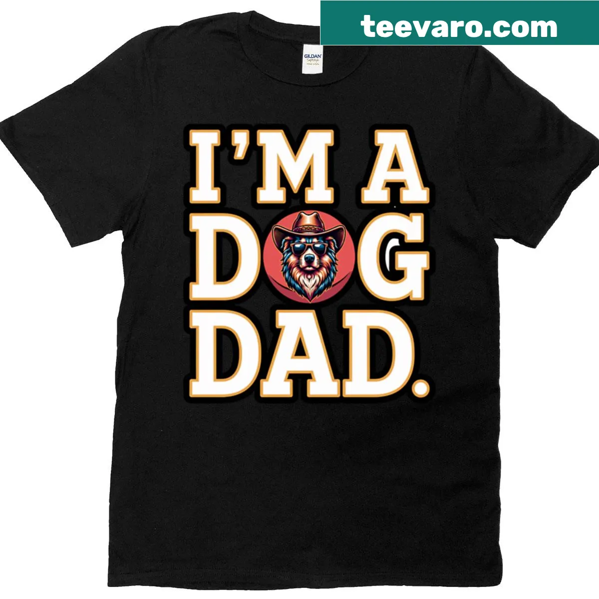 Playful dog dad T-shirt with bold text and illustrations — on a men's t-shirt