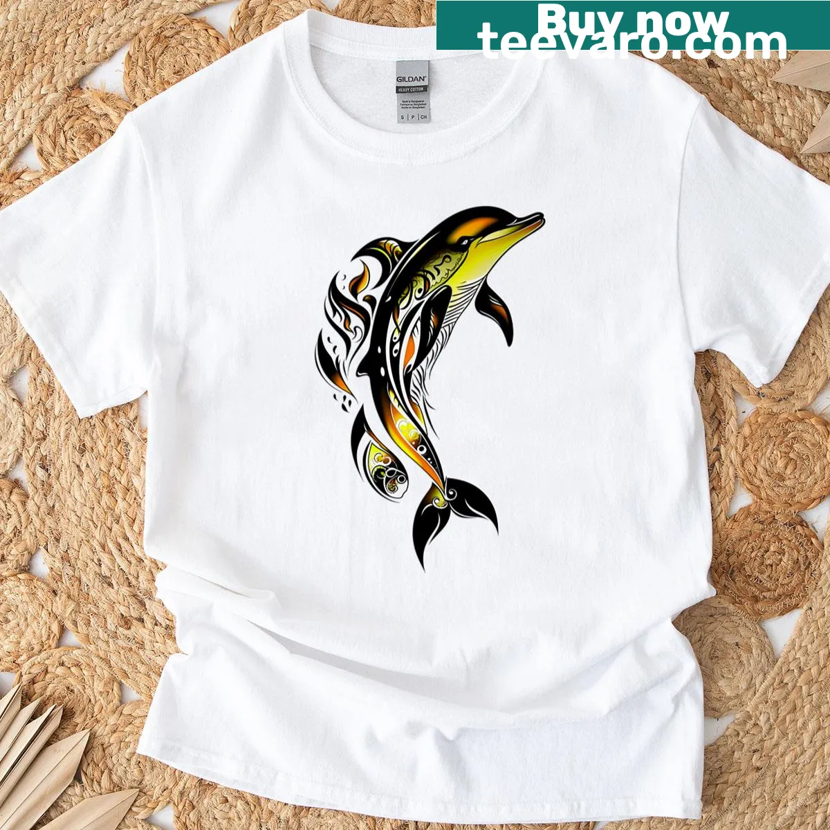 Abstract dolphin graphic on a minimalist T-shirt — on a men's t-shirt