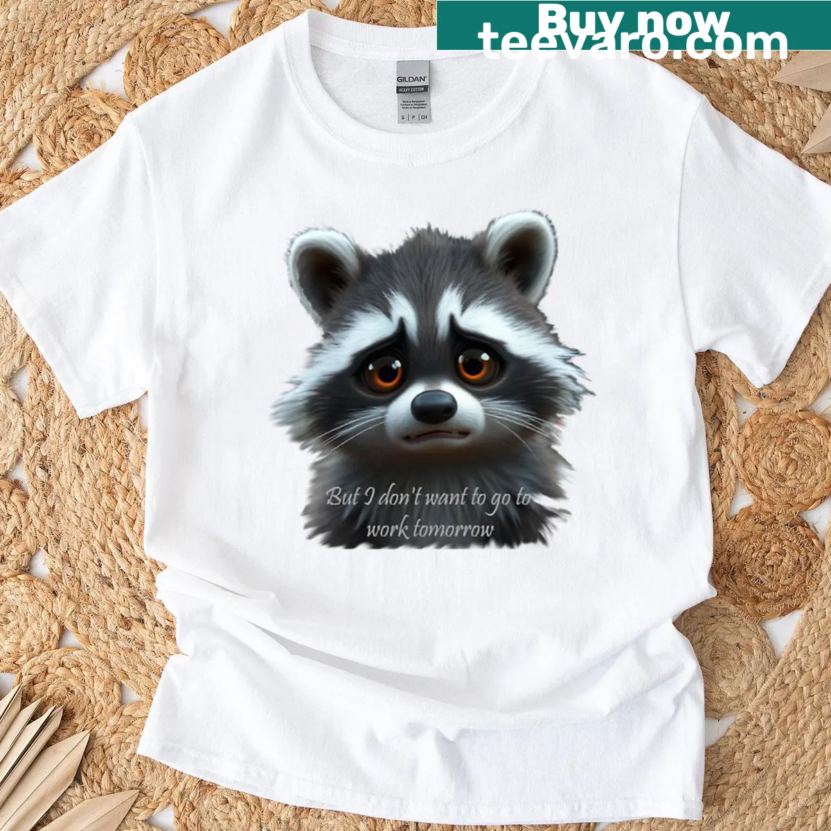 Sad raccoon design on T-shirt expressing reluctance to work — on a men's t-shirt