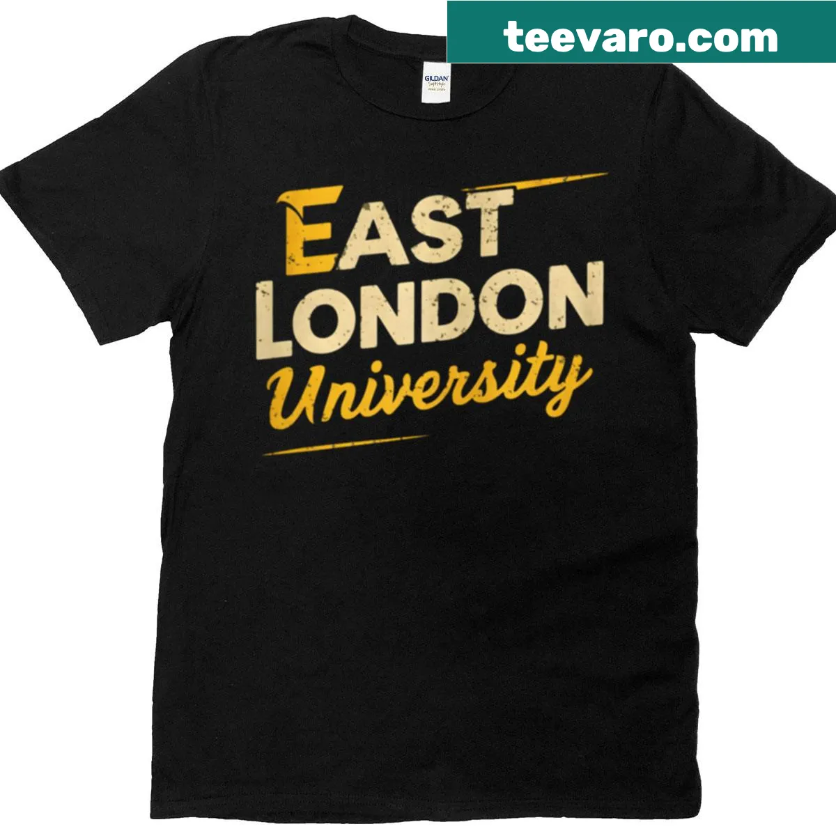 T-shirt with 'East London University' text, suitable for students and alumni — on a men's t-shirt