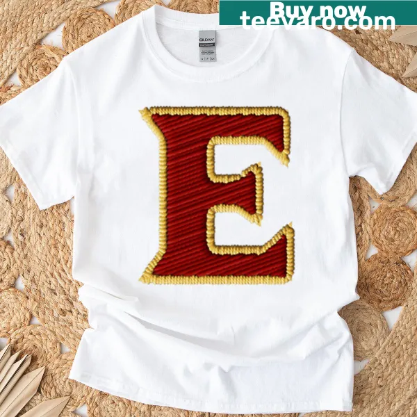 Embroidered Elon University logo on a casual t-shirt