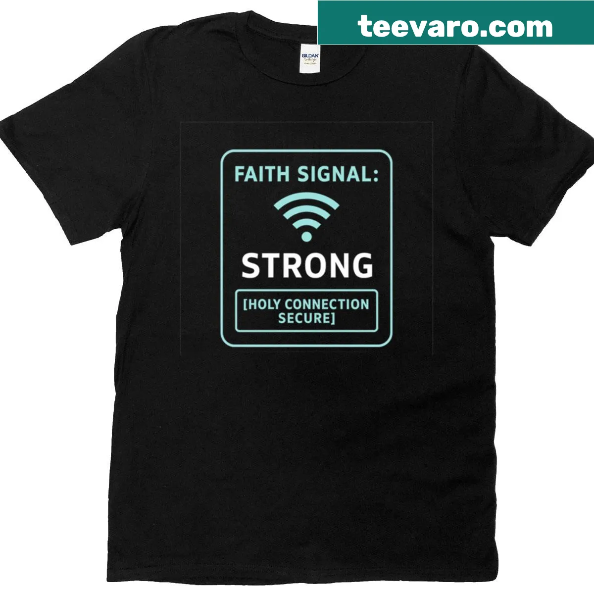 T-shirt with 'Faith Signal Strong' and wifi symbol graphic — on a men's t-shirt
