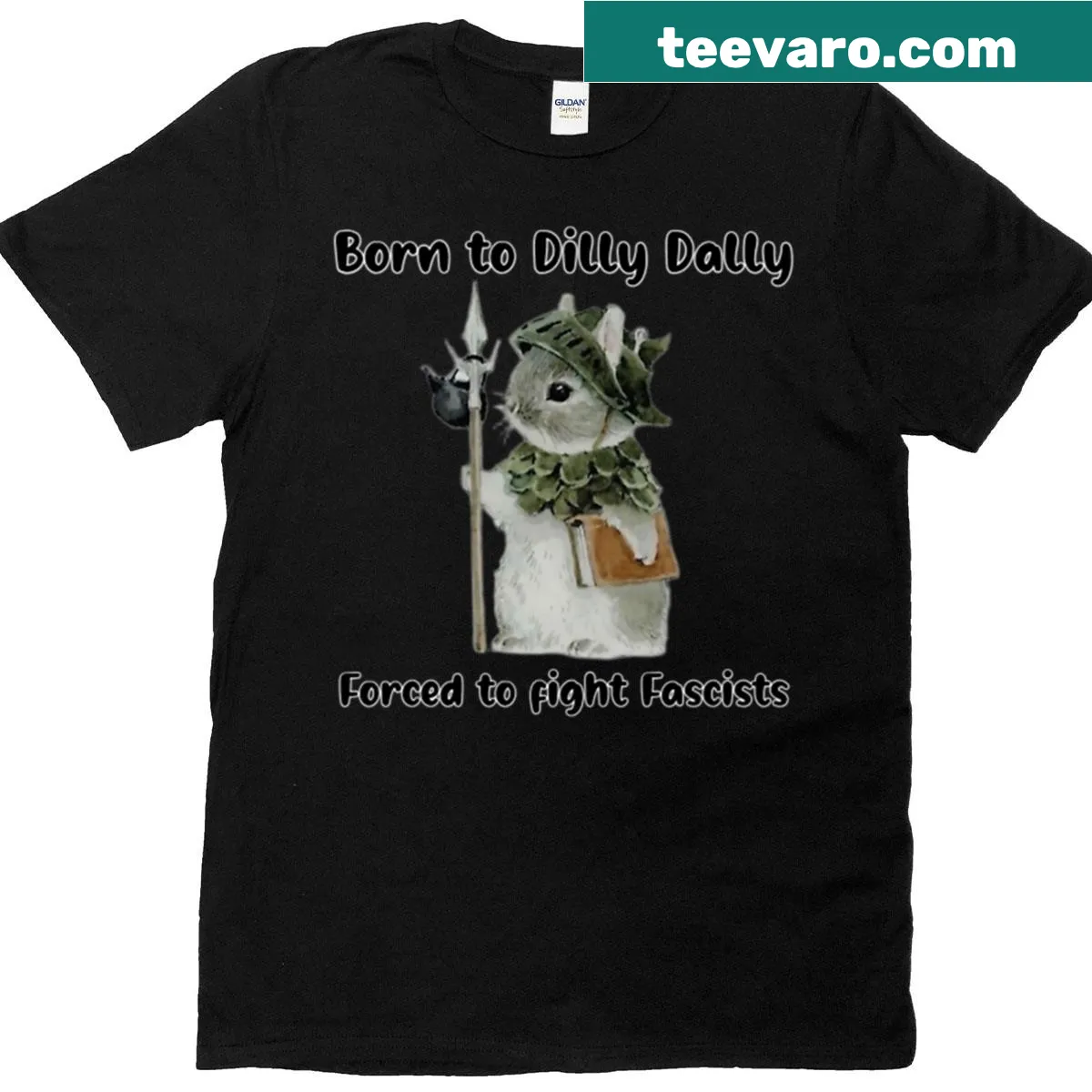 Cartoon bunny graphic fighting fascism t-shirt — on a men's t-shirt