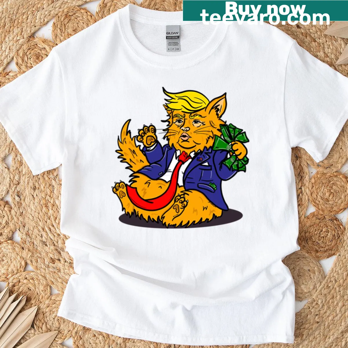Funny t-shirt depicting a fat cat getting fatter — on a men's t-shirt