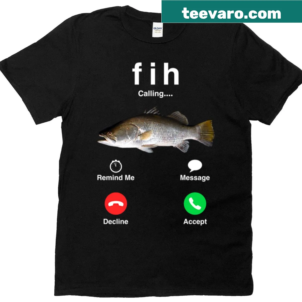 Humorous fish meme design with call buttons on a t-shirt — on a men's t-shirt
