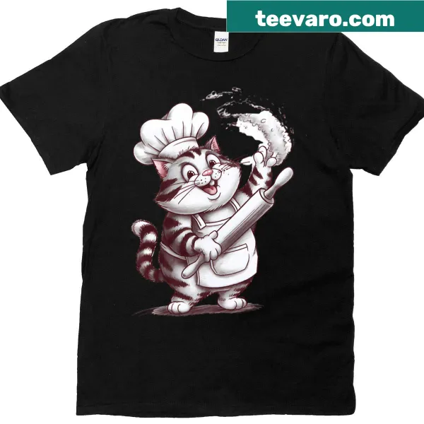 Cute T-shirt featuring a baking cat flinging flour in the kitchen.