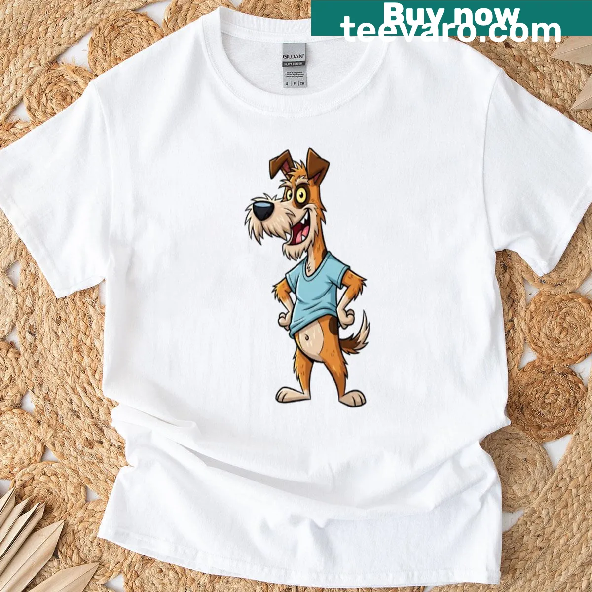 Oversized t-shirt featuring a dog in a comical outfit — on a men's t-shirt