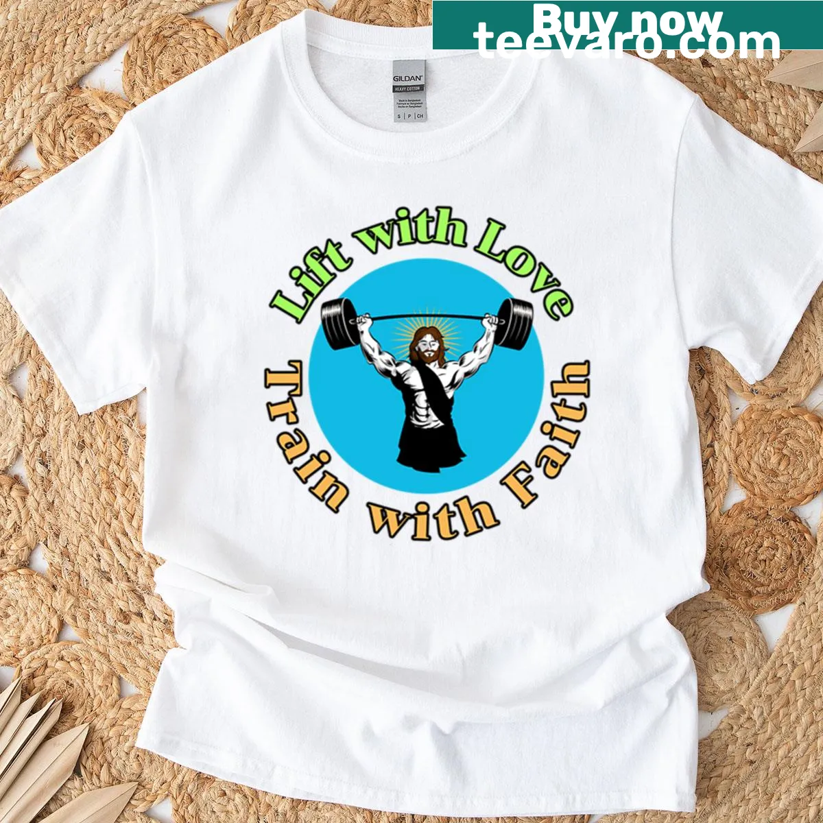 Funny gym shirt with motivational print about lifting and faith — on a men's t-shirt