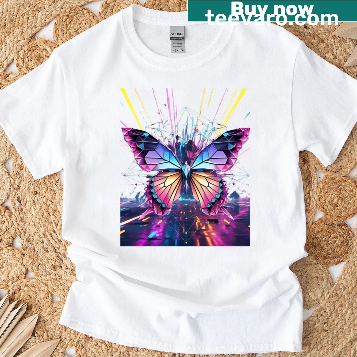 Illustrative t-shirt featuring a glowing butterfly design — on a men's t-shirt
