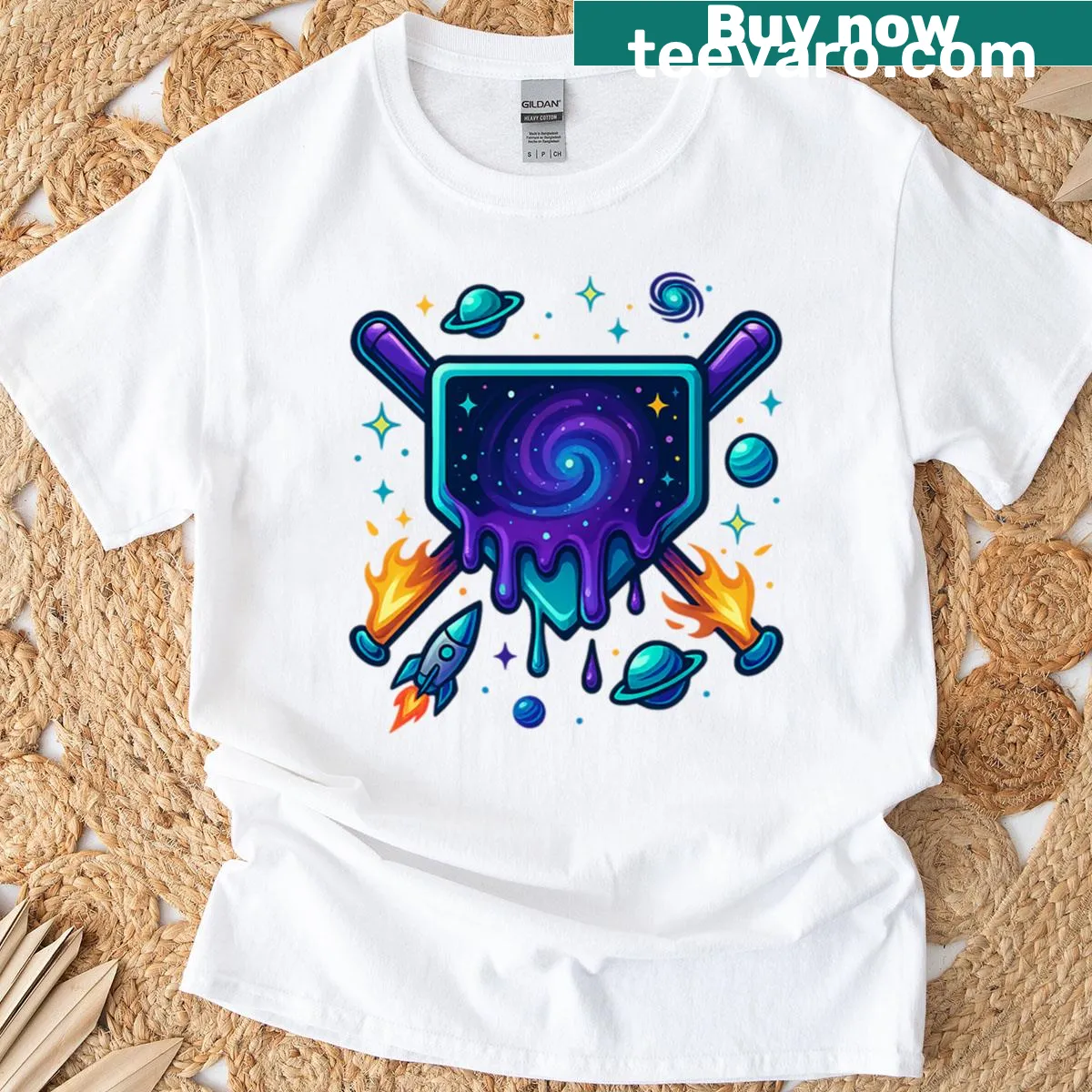 Cartoon t-shirt featuring a baseball rocket bat in a vibrant galaxy — on a men's t-shirt