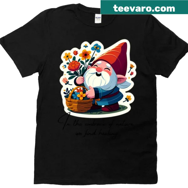 Illustration of a garden gnome surrounded by flowers on T-shirt