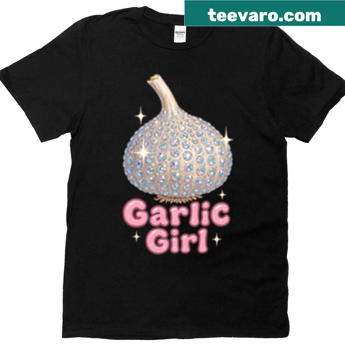 Oversized T-shirt with a cartoon garlic character and bedazzled accents. — on a men's t-shirt