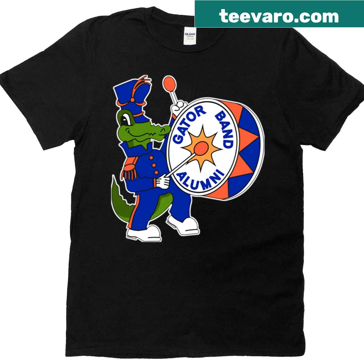 Big drum logo for Gator Band Alumni Association T-shirt — on a men's t-shirt