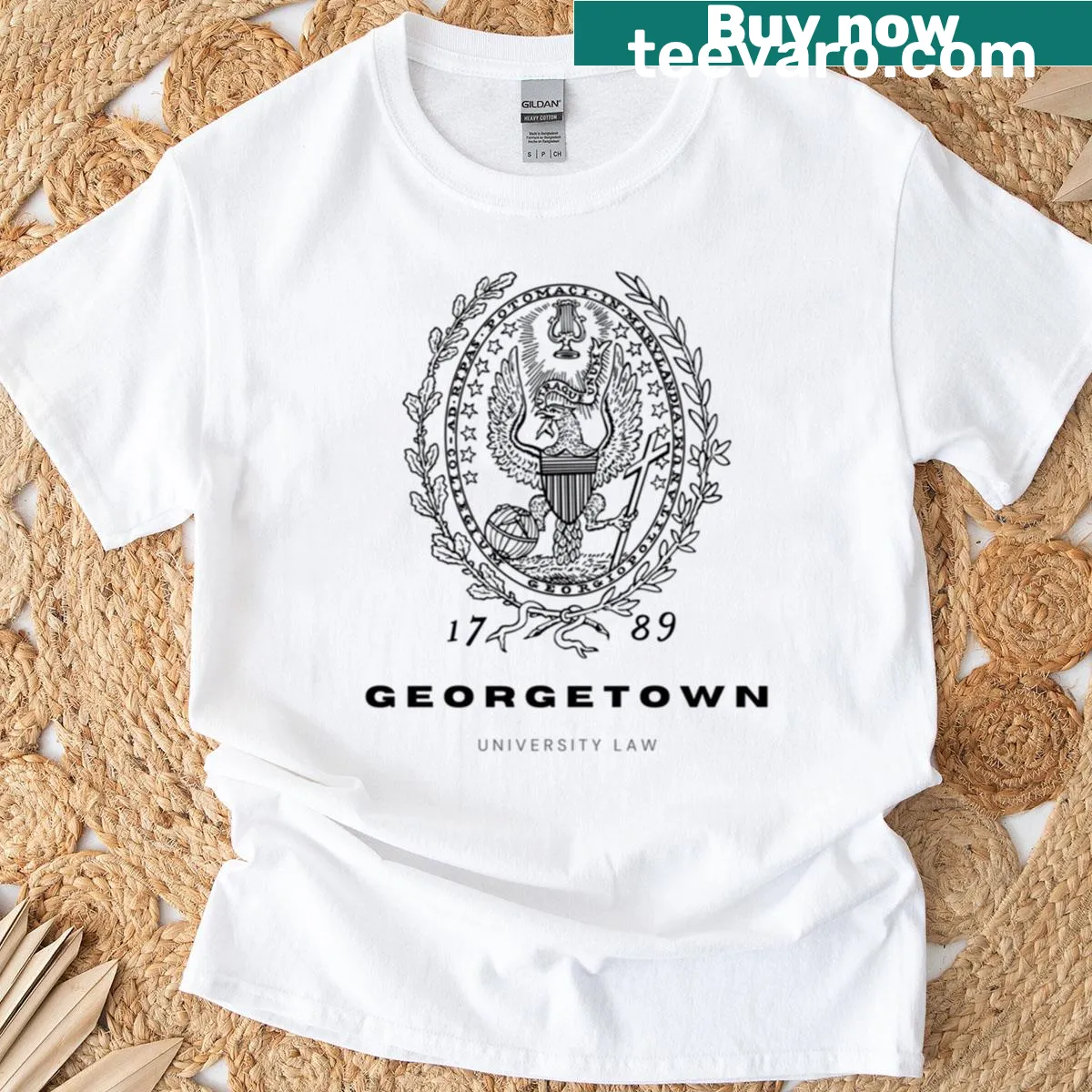 Oversized t-shirt featuring Georgetown Law University design — on a men's t-shirt