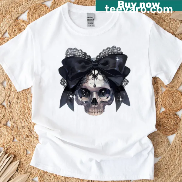Illustrative t-shirt featuring a skull with a black bow