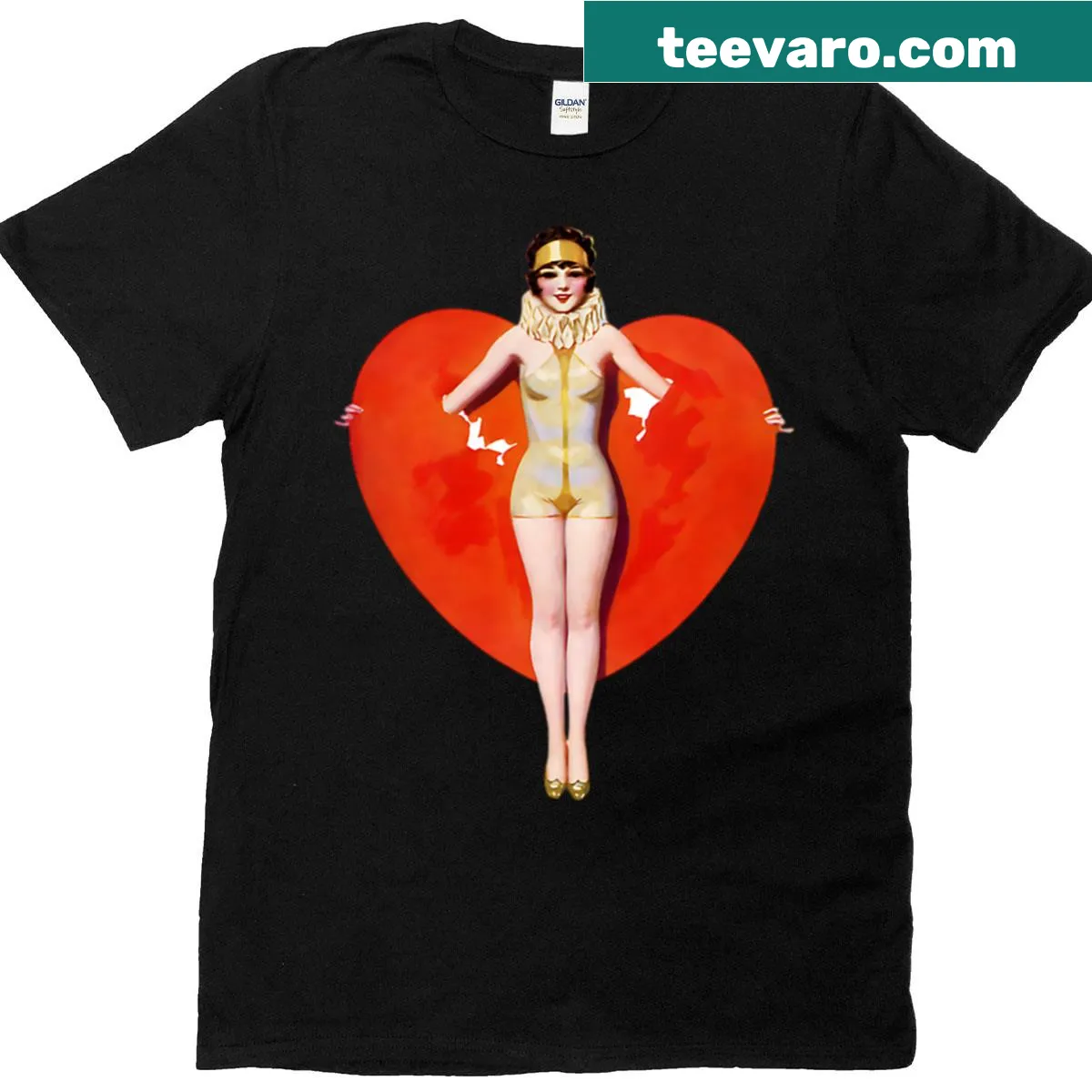 Vintage art t-shirt featuring gogo dancer and paper heart — on a men's t-shirt