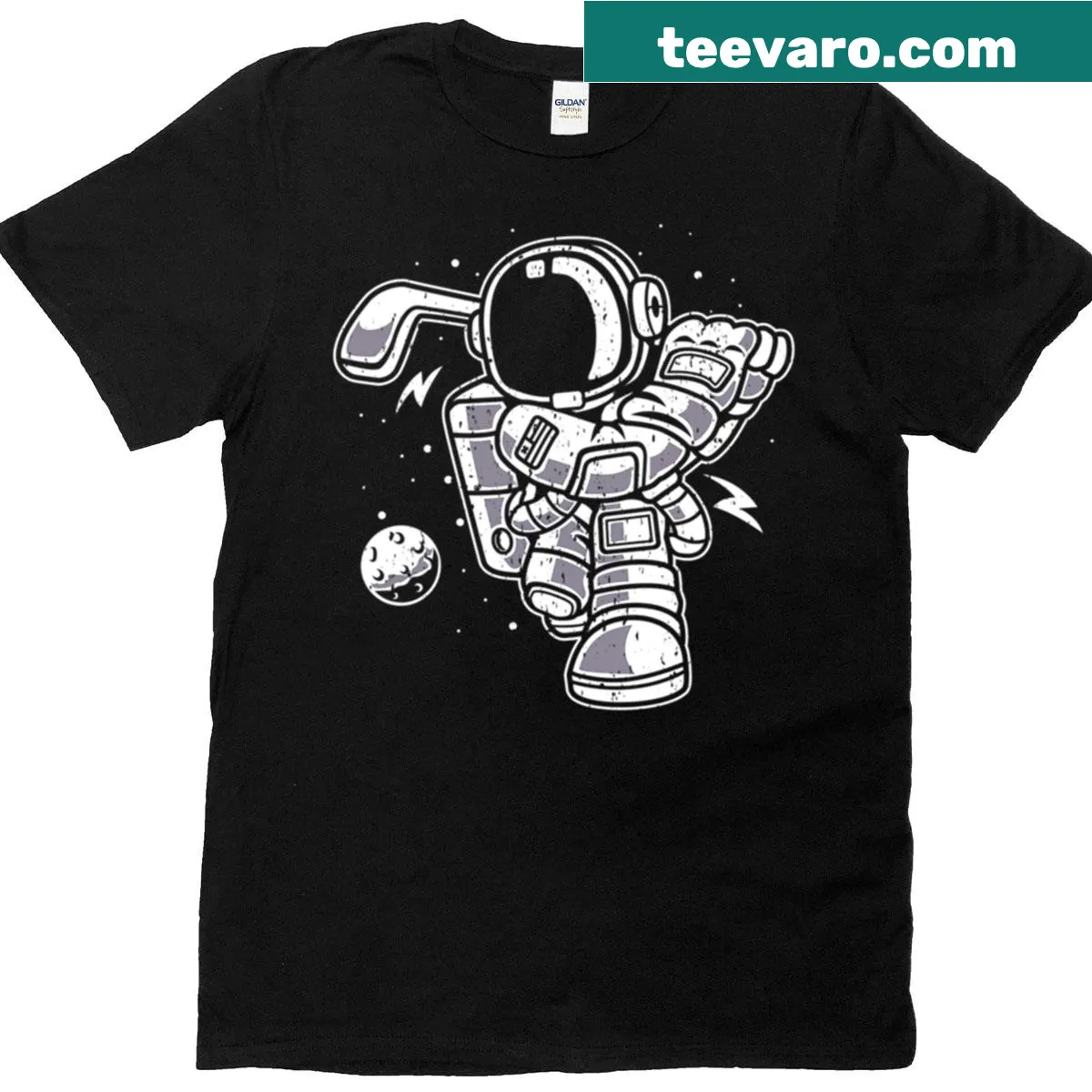 T-shirt featuring a golfer swinging in outer space — on a men's t-shirt