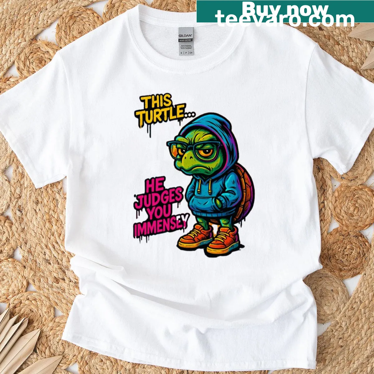 Oversized t-shirt featuring a graffiti turtle and humorous text — on a men's t-shirt