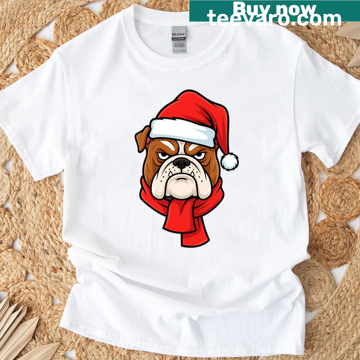 Funny Christmas dog t-shirt featuring a grumpy bulldog in a Santa hat and scarf — on a men's t-shirt