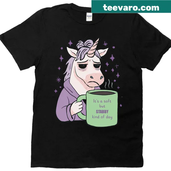 Cartoon grumpy unicorn t-shirt featuring a humorous design