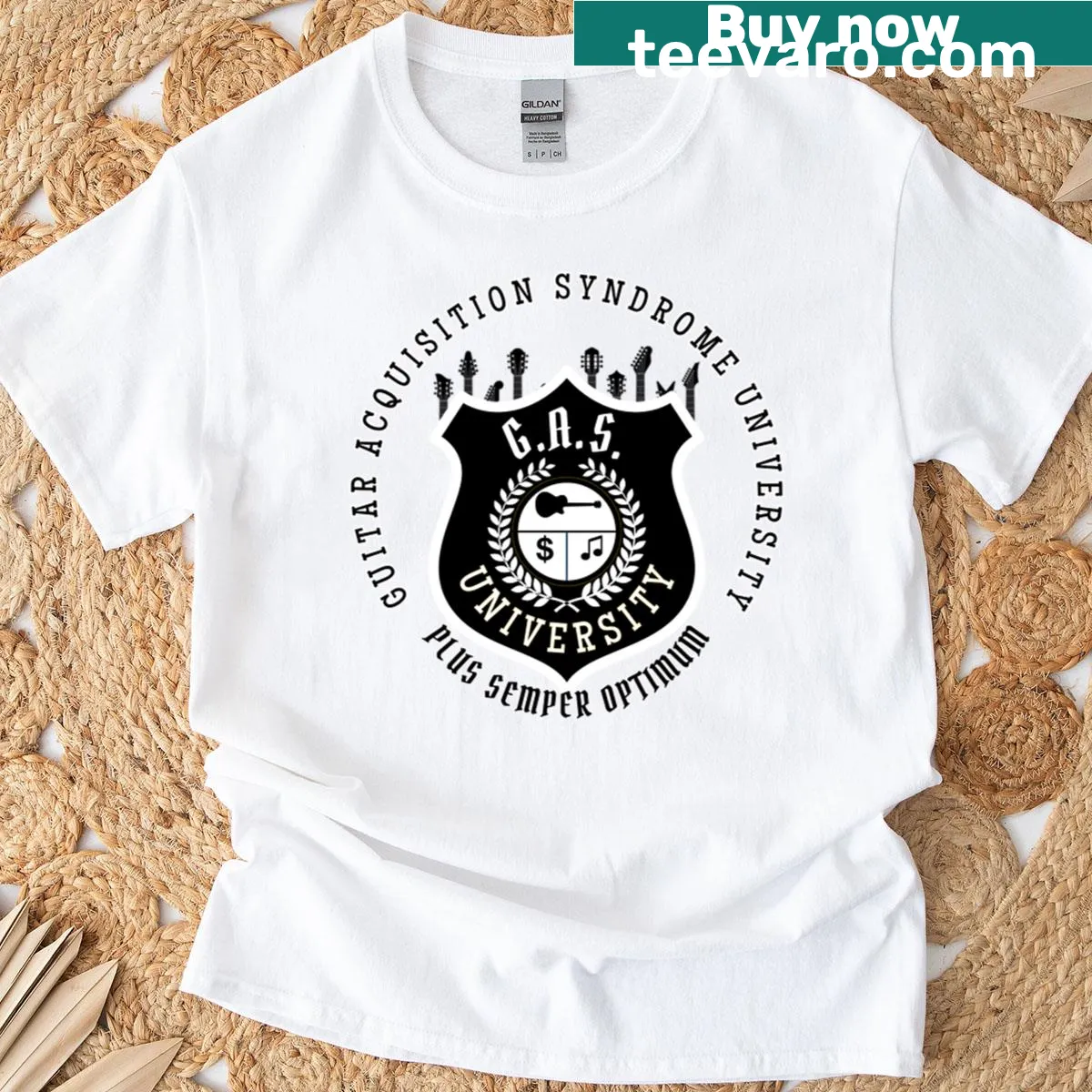 Oversized t-shirt featuring a humorous Guitar Acquisition Syndrome logo. — on a men's t-shirt