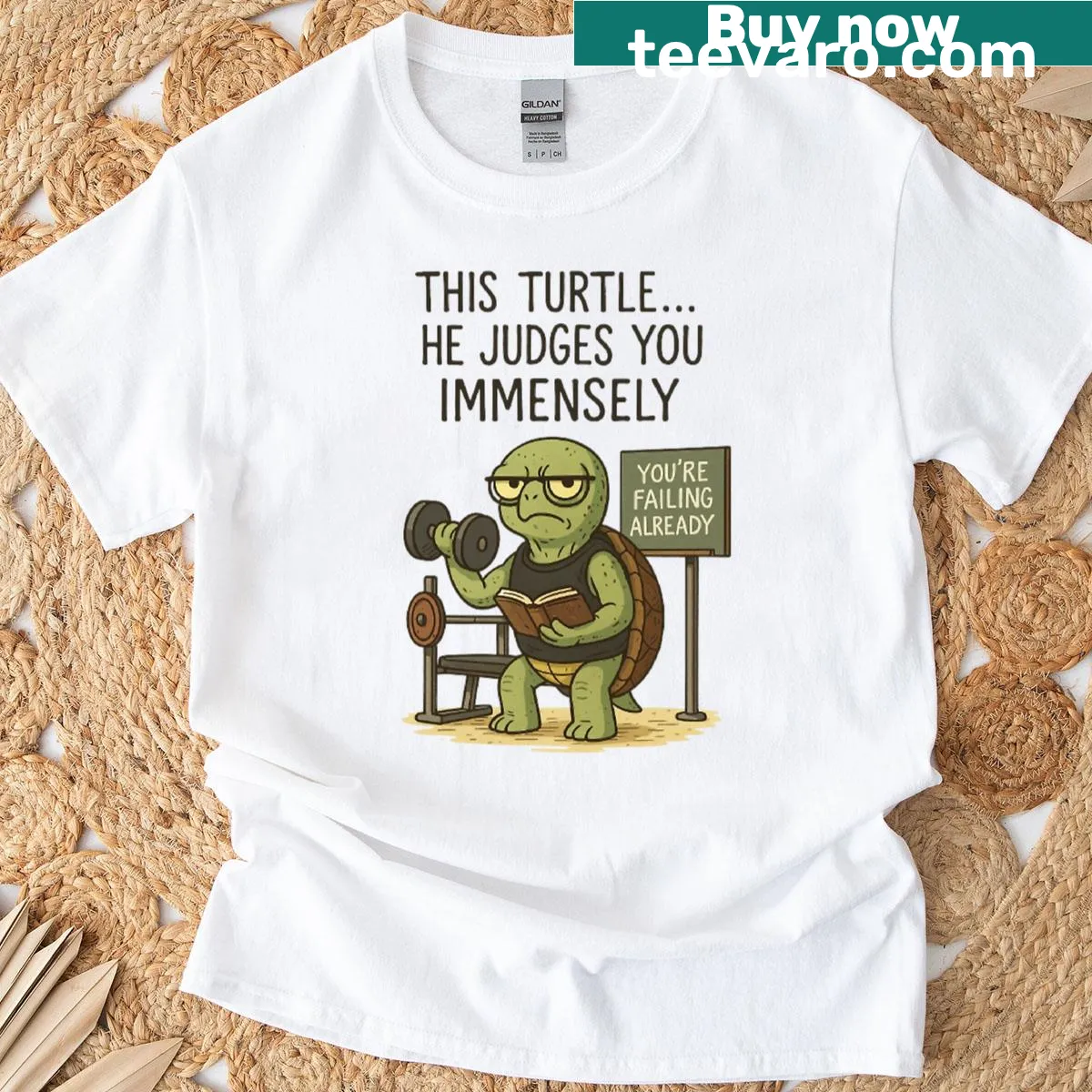 Funny T-shirt with a judging turtle graphic for gym-goers — on a men's t-shirt