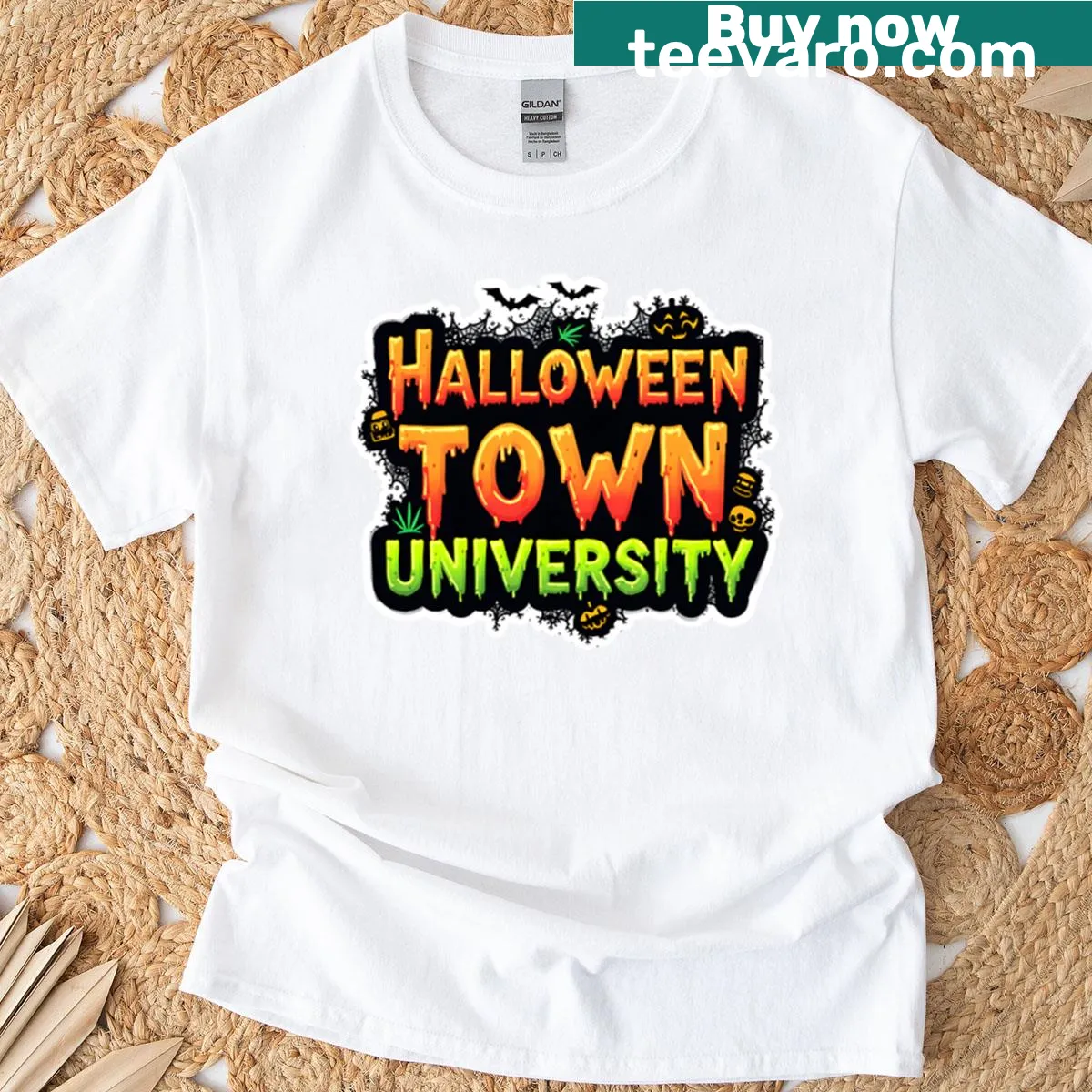 Halloween Town University logo on t-shirt — on a men's t-shirt