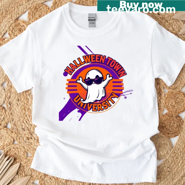 Vintage college logo themed T-shirt for Halloween festivities.