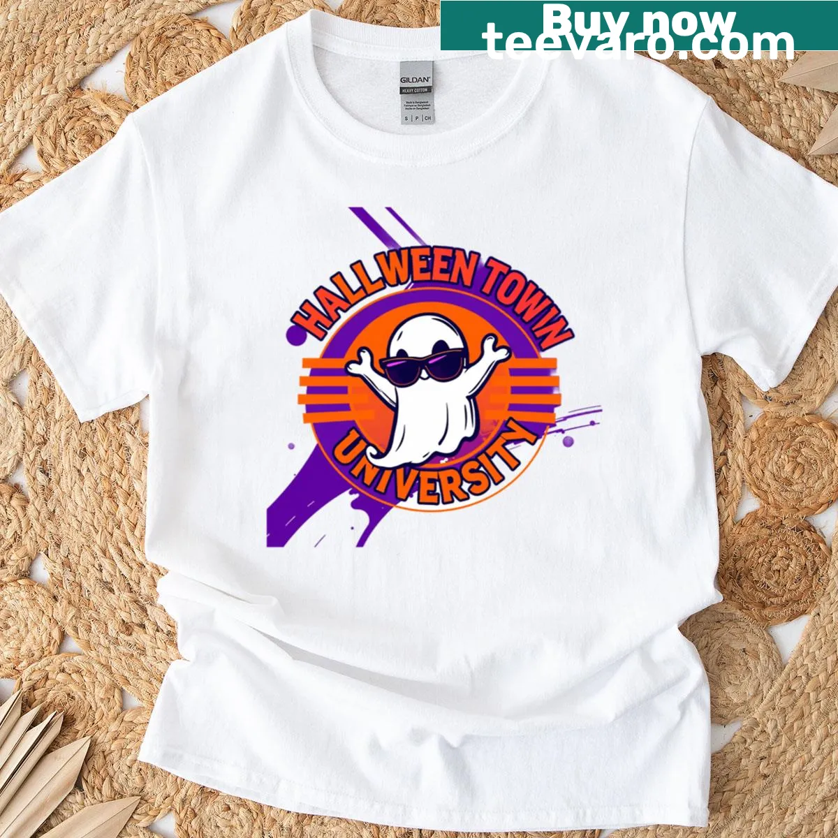 Vintage college logo themed T-shirt for Halloween festivities. — on a men's t-shirt