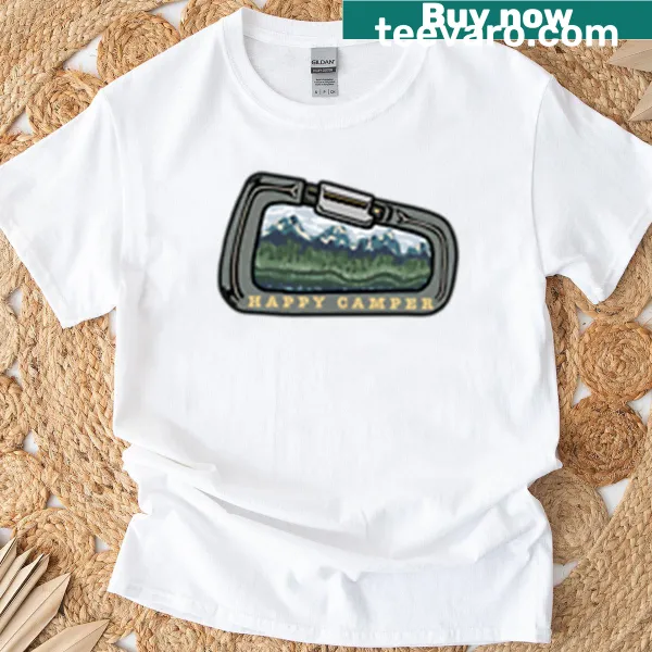 Cartoon graphic of a happy carabiner on a t-shirt