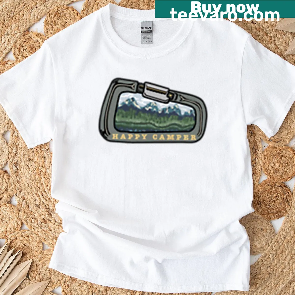 Cartoon graphic of a happy carabiner on a t-shirt — on a men's t-shirt